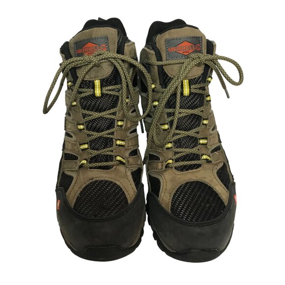 Merrell Dry Work Mid Boots ASTM Steel Toe Tan Leather & Mesh Men's 8.5/42 - Picture 2 of 10